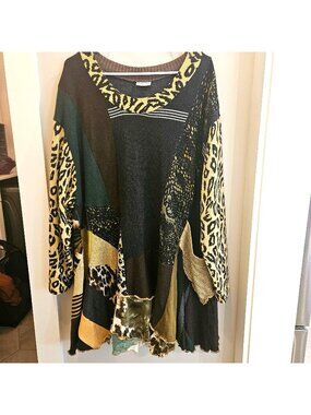 Patchwork Animal Print Tunic Sweater Upcycle Boho Style Womens 2XL